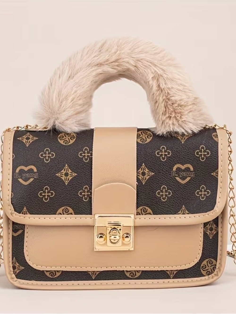 Beige Faux-Fur Handle Patterned Crossbody Bag
